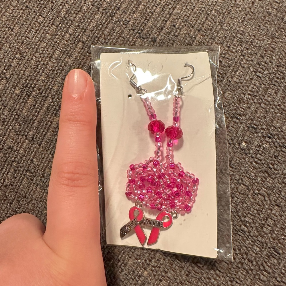 Handmade Pink Beaded Awareness Earrings - Picture 3 of 3